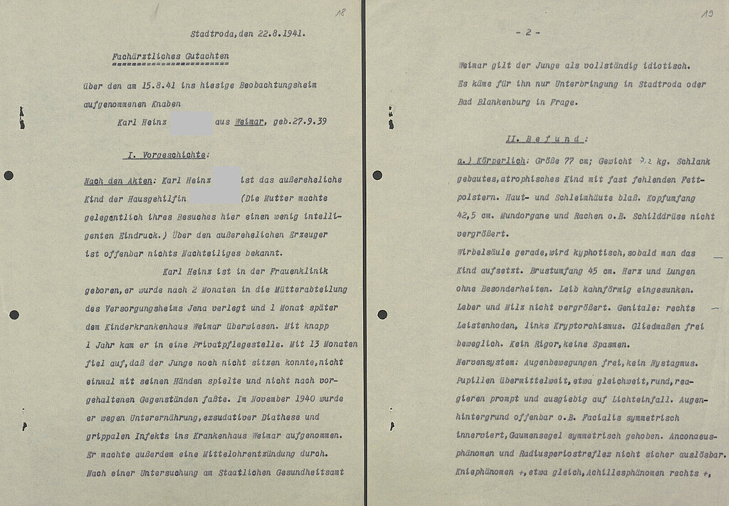 Auf dem Stadtrodaer fachärztlichen Gutachten vom 22. August 1941 sind Vorgeschichte und körperlicher Befund vermerkt. 