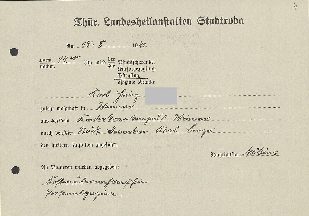 Das Formular bescheinigt die Aufnahme des Pfleglings Karl-Heinz K. im Beobachtungsheim der Landesheilanstalten Stadtroda am 15. August 1941 aus dem Weimarer Kinderkrankenhaus.